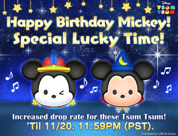 Happy Birthday Mickey and Minnie Mouse!  Tsum Tsum Mobile game celebrates with Conductor Mickey and Sorcerer Mickey!